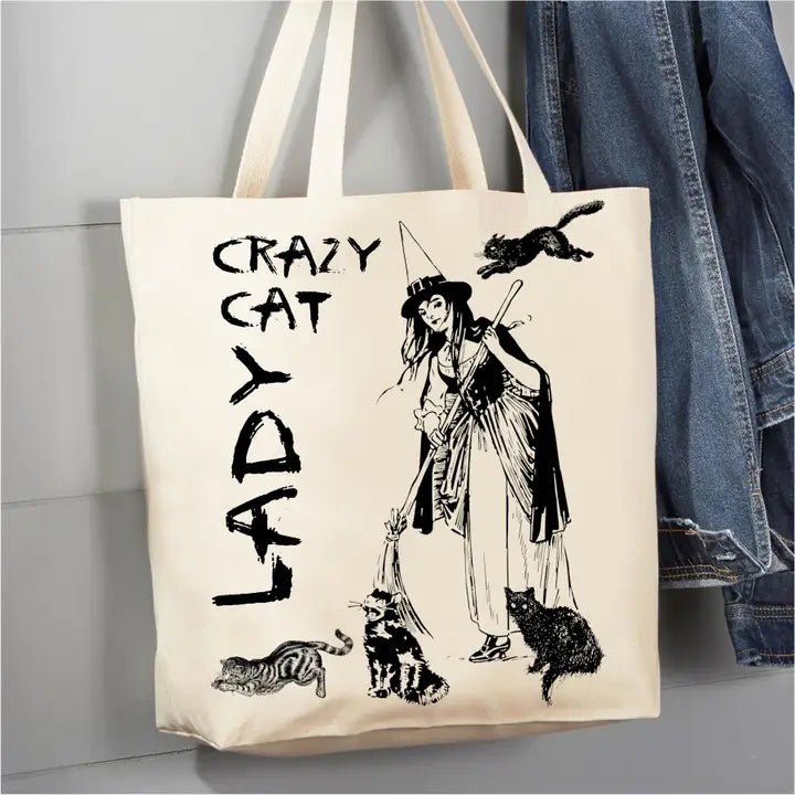 CRAZY CAT LADY WITCHY CANVAS TOTE BAG