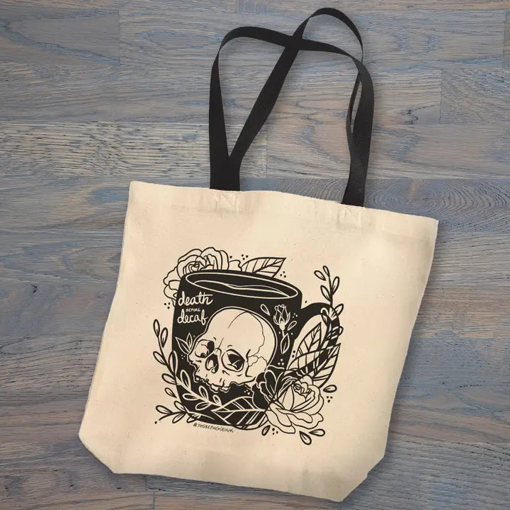 DEATH BEFORE DECAF TOTE BAG