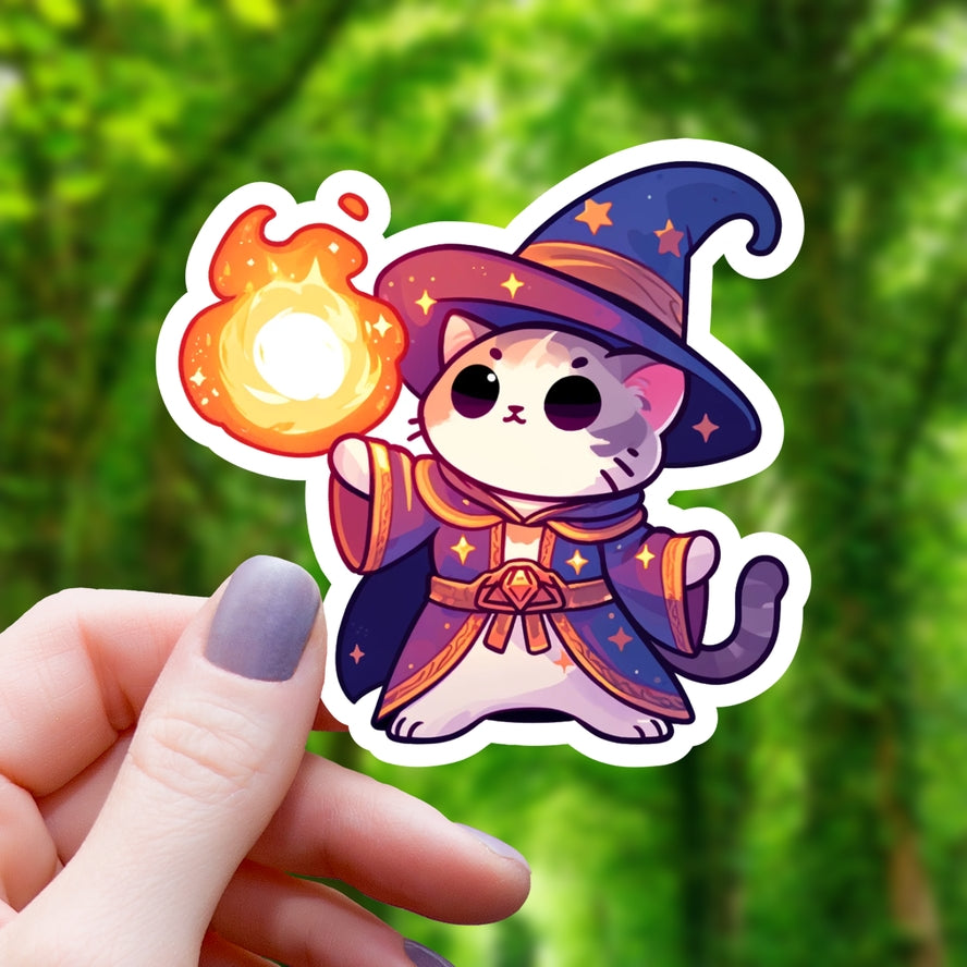 CAT WIZARD CASTING FIREBALL RPG STICKER