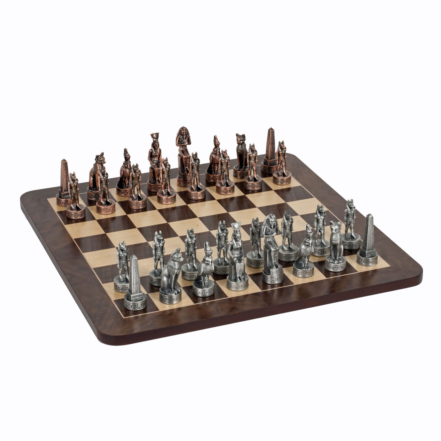 16" PEWTER EGYPTIAN CHESS SET (WALNUT ROOT BOARD)