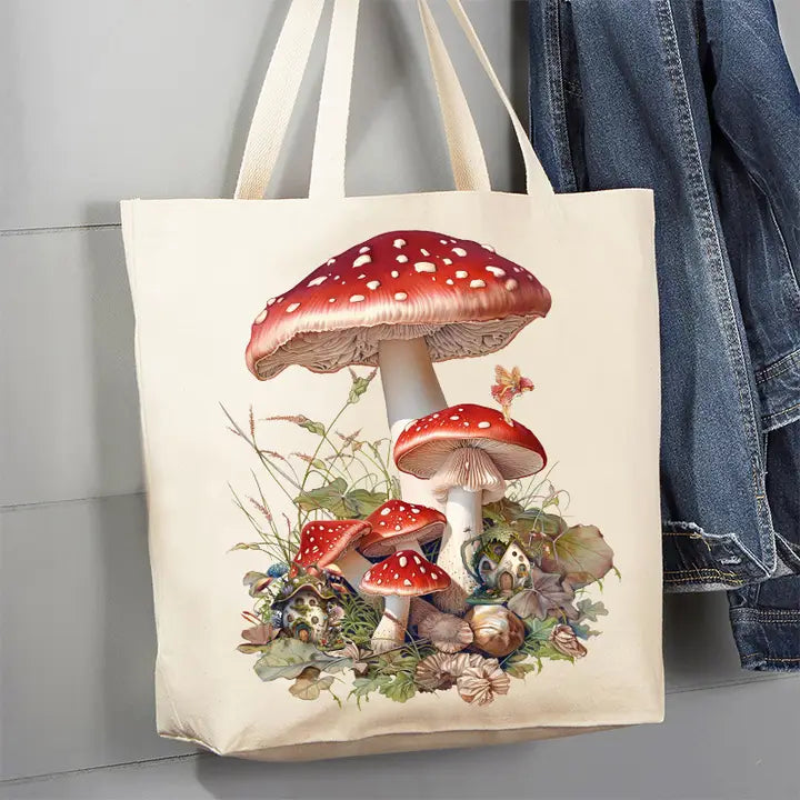 RED MUSHROOM FAIRY VILLAGE CANVAS TOTE BAG