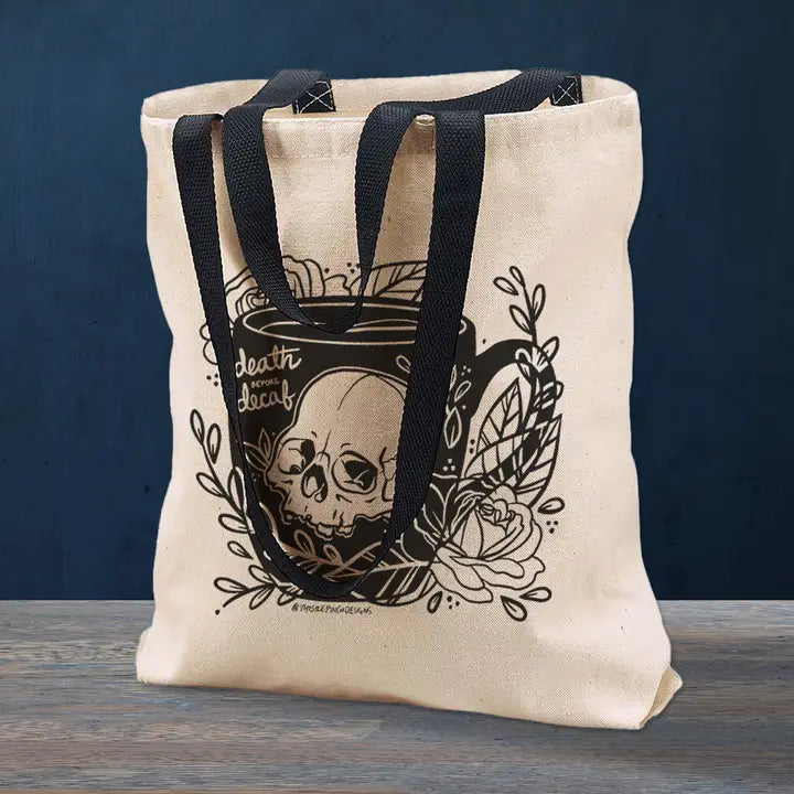 DEATH BEFORE DECAF TOTE BAG