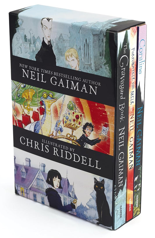 NEIL GAIMAN AND CHRIS RIDDELL BOXED SET: THE GRAVEYARD BOOK, CORALINE, AND FORTUNATELY THE MILK