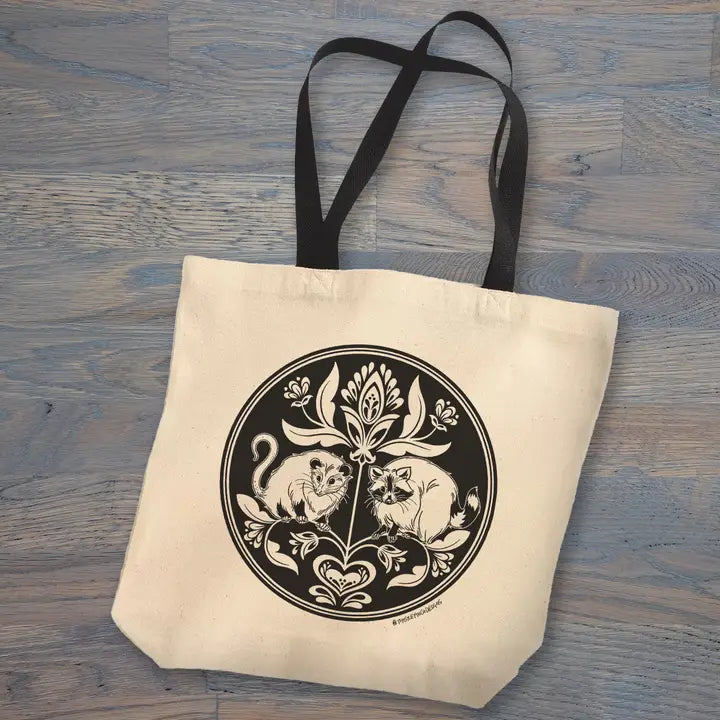 OPOSSUM AND RACCOON HEX ART TOTE BAG