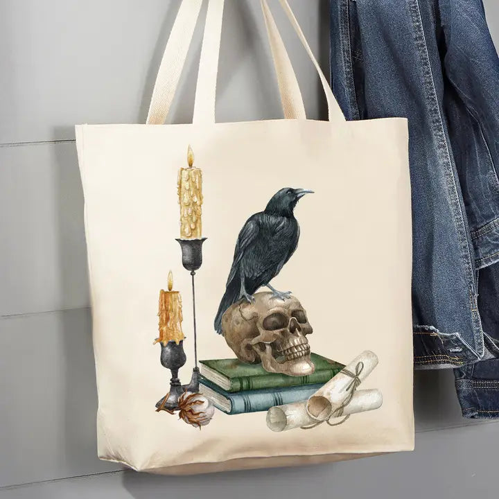 CREEPY CROW HALLOWEEN CANVAS TOTE BAG