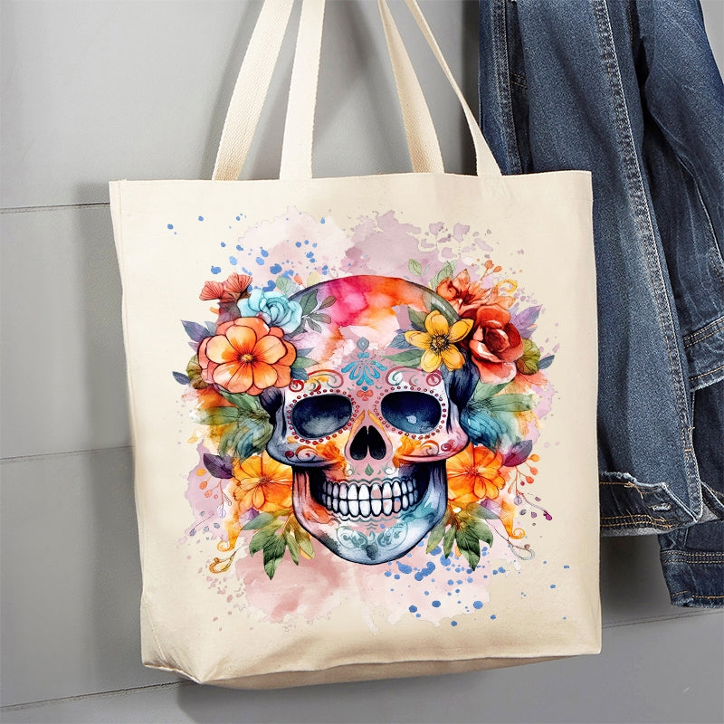 WATERCOLOR SUGAR SKULL CANVAS TOTE BAG