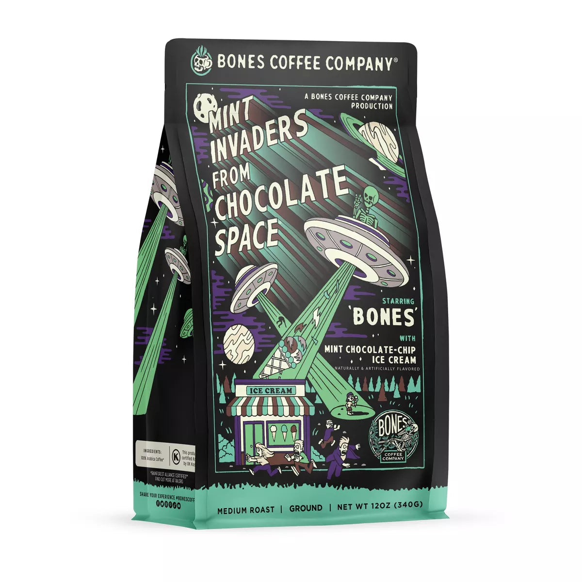 BONES COFFEE MINT INVADERS FROM CHOCOLATE SPACE 12OZ GROUND COFFEE