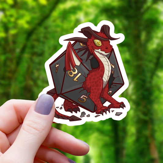 BABY RED DRAGON BURSTING FROM D20 STICKER