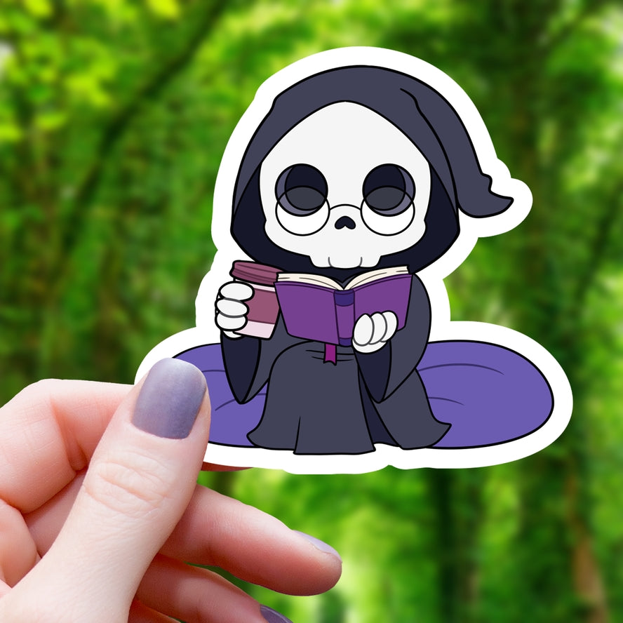 GRIM REAPER READING A BOOK STICKER