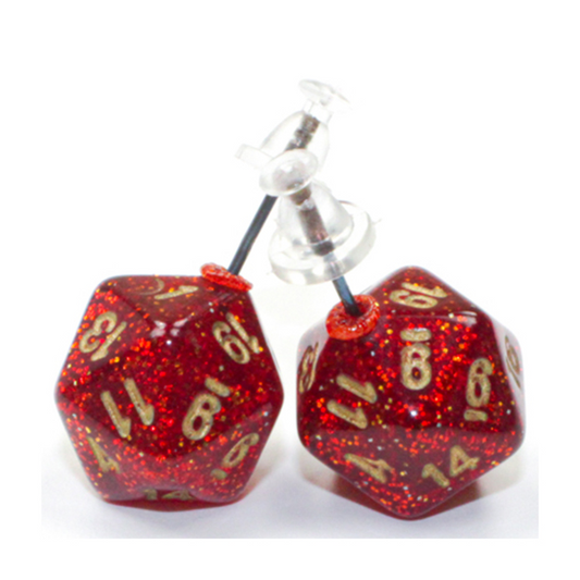 STUD EARRINGS MINI D20 GLITTER RUBY