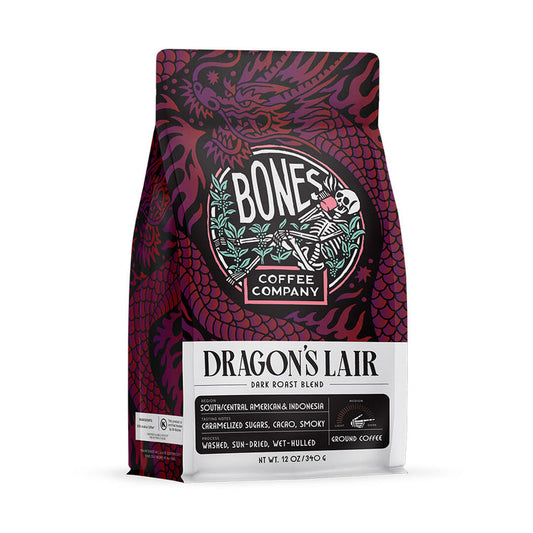 BONES COFFEE DRAGON'S LAIR DARK ROAST BLEND 12OZ GROUND COFFEE