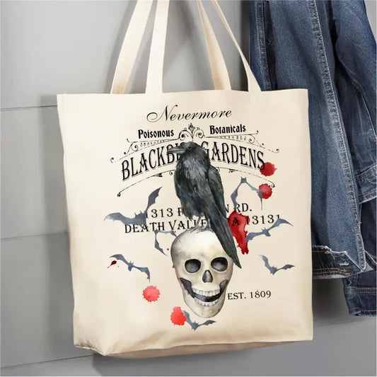 NEVERMORE RAVEN HALLOWEEN CANVAS TOTE BAG