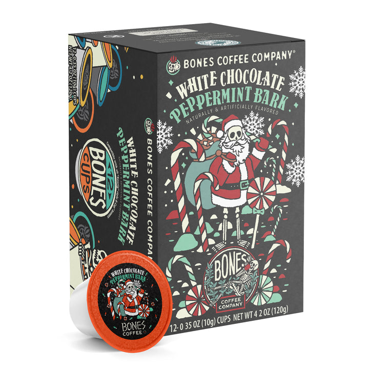 BONES COFFEE WHITE CHOCOLATE PEPPERMINT BARK 12CT K-CUPS